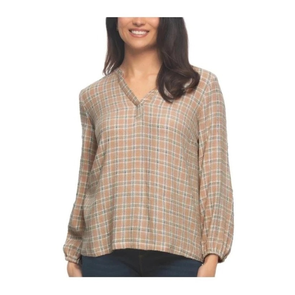 Felina Lurex Plaid Womens Top Cream V-Neck Bell Sleeve Blouse Small NEW